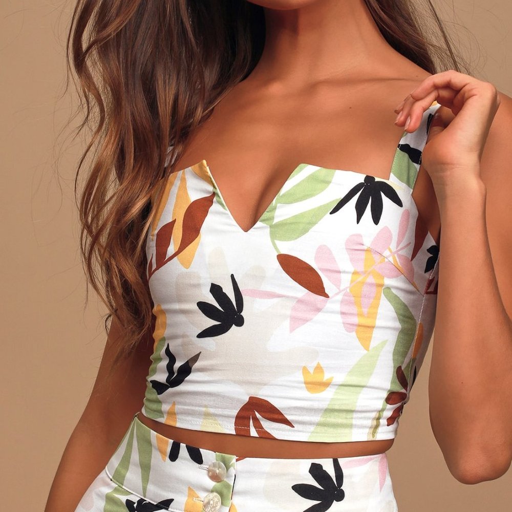 Lulu's Palma White Multi Tropical Print Cropped Tank Top